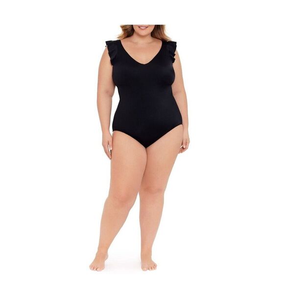 Ladies 1X (16X-18X) Time‎ and True Black One-piece swimsuit, With Ruffles - Picture 1 of 6